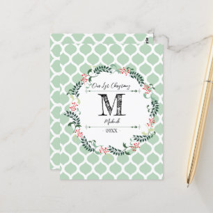 Green Pattern Merry Christmas Wreath Monogram Baby Postcard