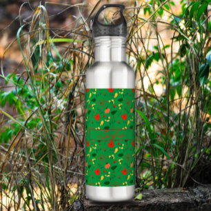Green pattern wildflowers red poppy   710 ml water bottle