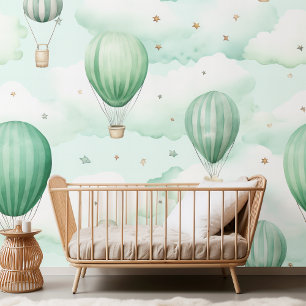 Green Pattern with Clouds and Hot Air Balloons Wallpaper