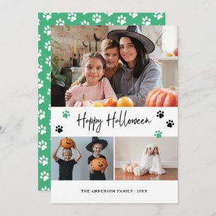 Green Paw Print Pet Photo Happy Halloween Holiday Card