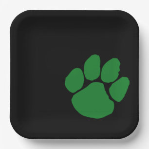 Green Pawprint on Black Paper Party Plates