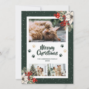 Green Paws Snow Poinsettia Photo Christmas Card