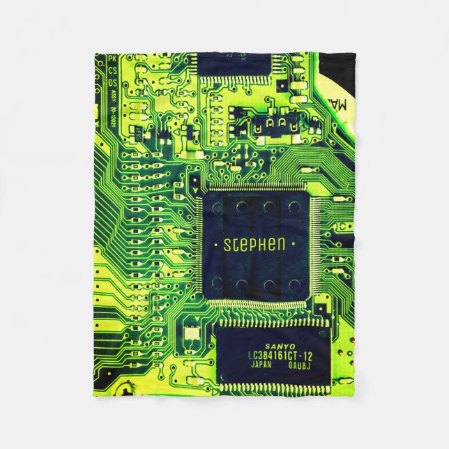 Green PCB board, electronic parts printed circuit Fleece Blanket (Front)