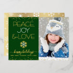 Green Peace Joy Love Photo Snowflakes Real Gold<br><div class="desc">“Peace, joy & love.” A fun, playful, real gold foil and white snowflake illustration, real gold foil confetti dots, and real gold foil and white modern typography on a hunter green background, along with the custom photo of your choice, help you usher in the holiday season. A random white snowflake...</div>