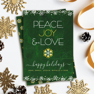 Green Peace Joy Love Snowflake Typography Bold Holiday Card