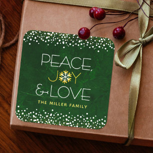 Green Peace Joy Love Snowflake Typography Holiday Square Sticker