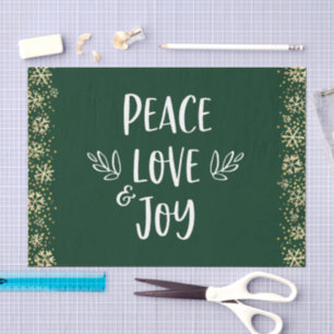 Green Peace Love Joy Gold Snowflakes Typography Tissue Paper