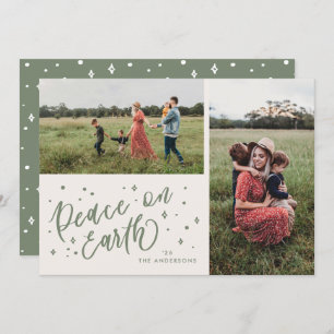 Green Peace on Earth Lettering Christmas Two Photo Holiday Card