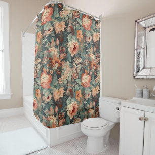 Green & Peach Bohemian Floral Shower Curtain