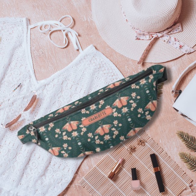 Green Peach Boho Floral Luna Moth Daisy Pattern Bum Bags (Creator Uploaded)