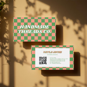 Green Peach Chequerboard Modern Retro Professional Business Card