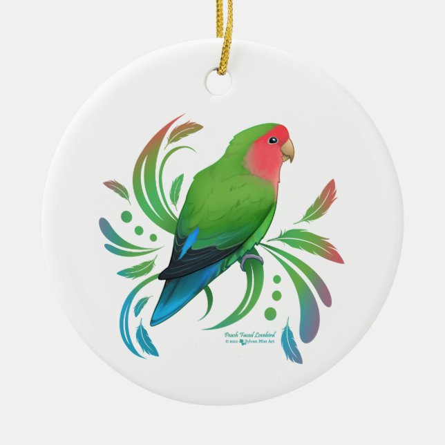Green Peach Faced Lovebird Ceramic Tree Decoration (Front)