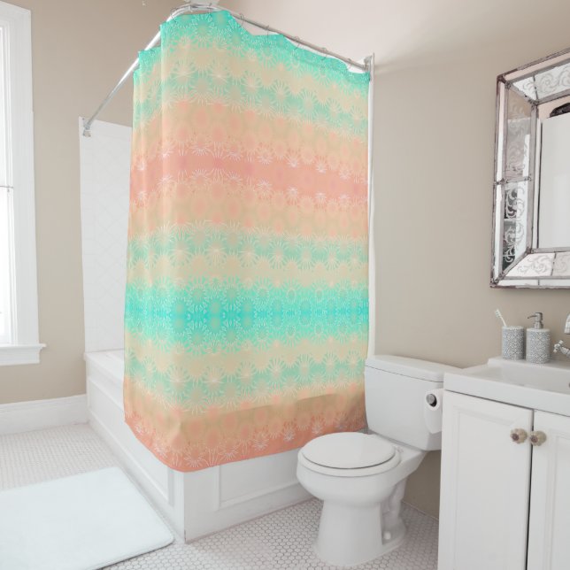 Green, Peach, Melon and Coral Geometric Shower Curtain (In Situ)