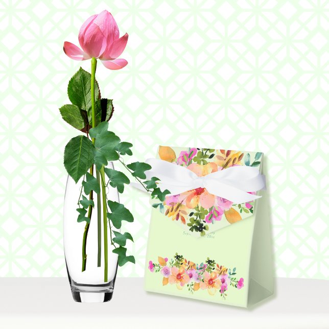 Green Peach Pink Floral Chic Spring Summer Wedding Favour Box (Creator Uploaded)