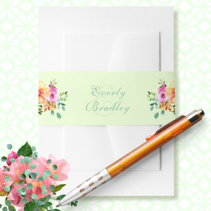 Green Peach Pink Watercolor Boho Floral Wedding Invitation Belly Band