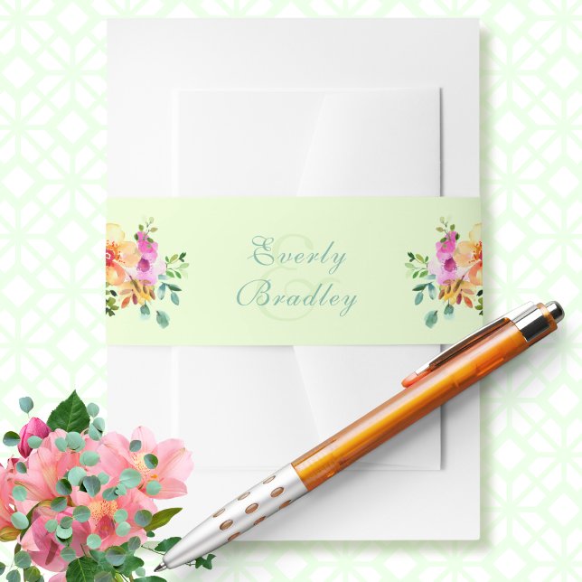 Green Peach Pink Watercolor Boho Floral Wedding Invitation Belly Band (Creator Uploaded)