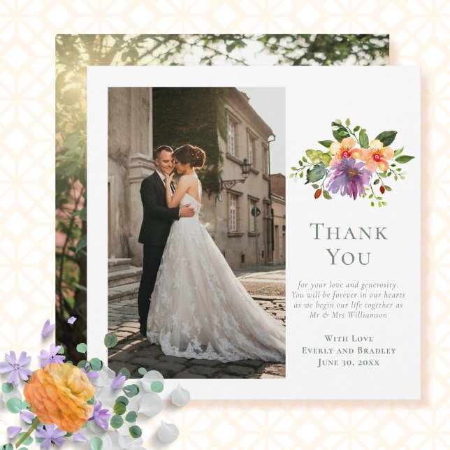 Green Peach Purple Floral Photo Wedding Thank You Invitation (Creator Uploaded)