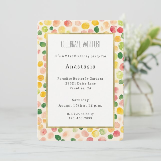 Green Peach Rose Red Yellow Fruity Birthday Invitation (Standing Front)