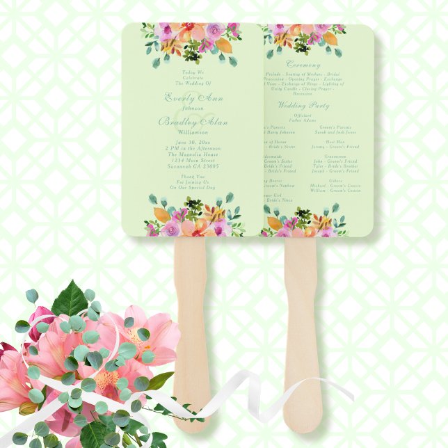 Green Peach Watercolor Floral Boho Program Hand Fan (Creator Uploaded)