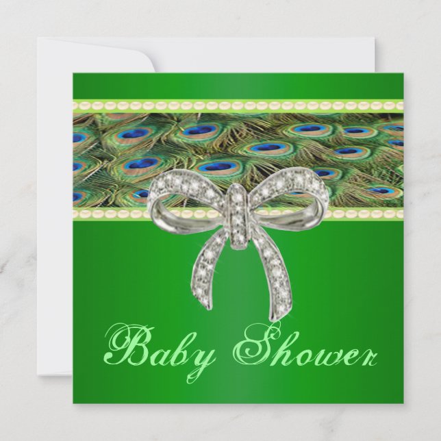 Green Peacock Diamond Bow Baby Shower Invitation (Front)
