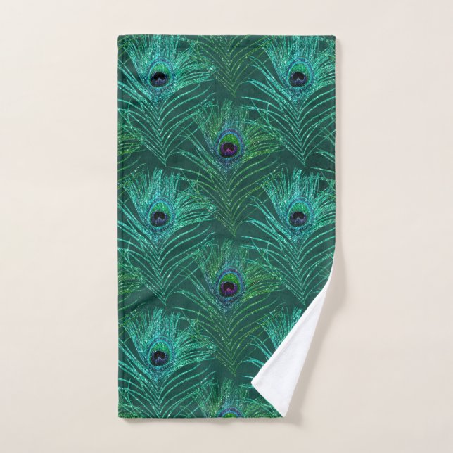 Green peacock feather pattern from bird peacock hand towel (Hand Towel)