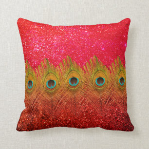 Green Peacock Feathers Glittery Red Colourful Cute Cushion