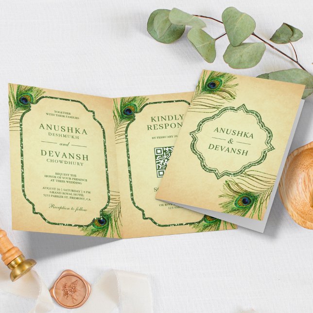 Green Peacock Feathers QR Code Indian Wedding Invitation (Creator Uploaded)