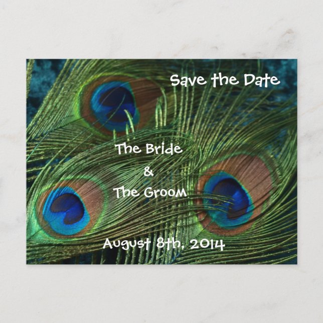 Green Peacock Feathers Save the Date Announcement Postcard (Front)