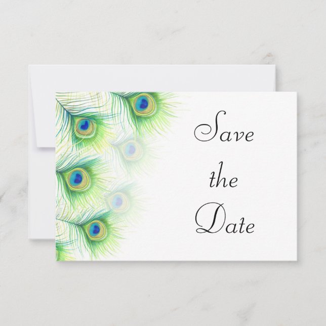 Green Peacock Feathers Wedding Save the Date (Front)