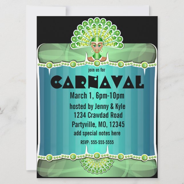 Green Peacock Lady Carnaval Invitations (Front)