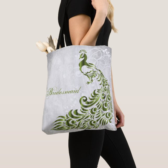 Green Peacock Leaf Vine Bridesmaid Tote Bag (Close Up)
