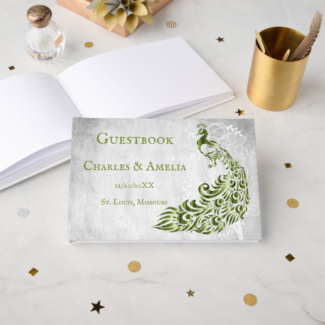 Green Peacock Leaf Vine Wedding Guestbook (Front Open)