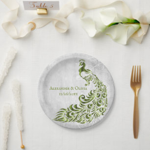 Green Peacock Leaf Vine Wedding Paper Plate
