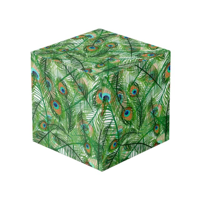 Green Peacock Pattern Cube (Front Angled)