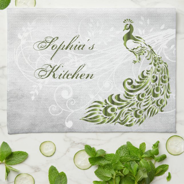 Green Peacock Personalised Kitchen Towel (Folded)