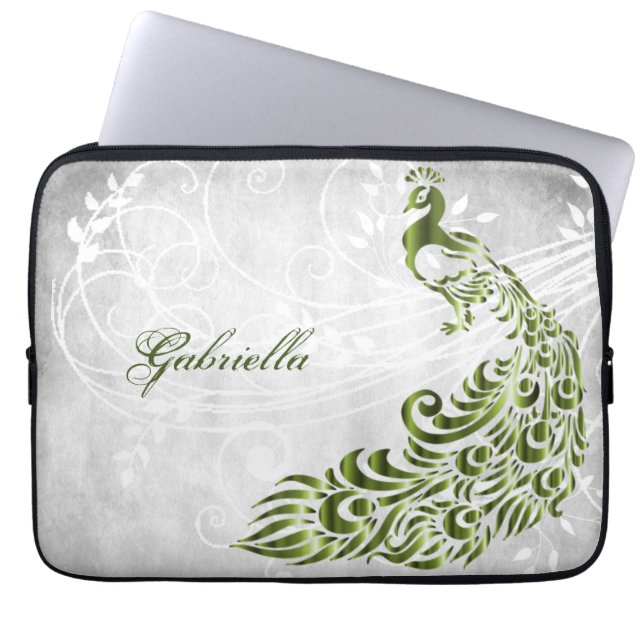 Green Peacock Personalised Laptop Sleeve (Front)