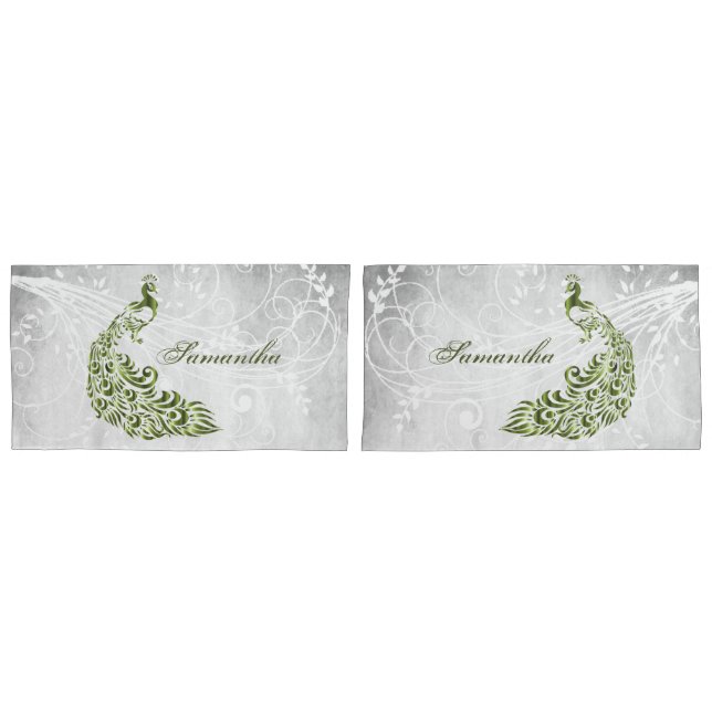 Green Peacock Personalised Pillowcases (Front-Set)
