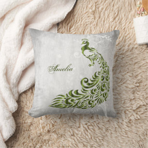 Green Peacock Personalised Throw Pillow