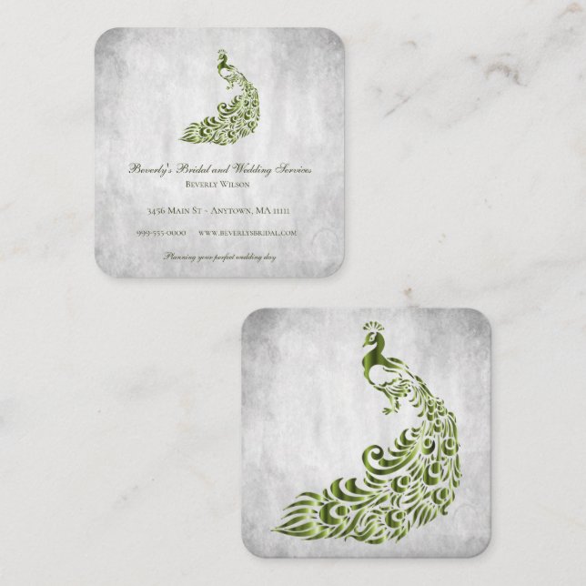 Green Peacock Wedding and Bridal Services Square Business Card (Front/Back)
