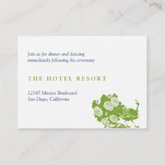 Green peacock wedding reception enclosure cards