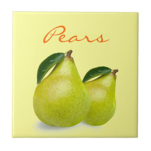 Green Pear Fruit with Leaves Wording on Yellow Tile