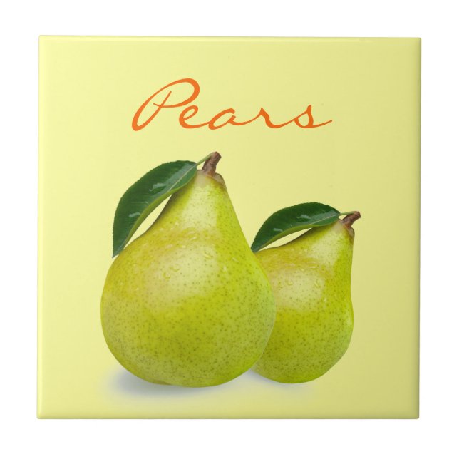 Green Pear Fruit with Leaves Wording on Yellow Tile (Front)