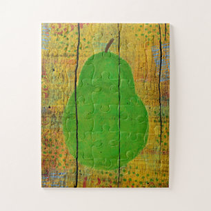Green Pear On Yellow Wood Jigsaw Puzzle