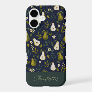 Green Pear Watercolor Pattern on Dark Blue