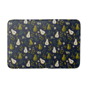 Green Pear Watercolor Pattern on Dark Blue  Bath Mat