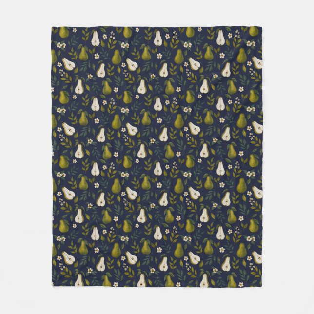 Green Pear Watercolor Pattern on Dark Blue  Fleece Blanket (Front)