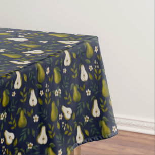 Green Pear Watercolor Pattern on Dark Blue  Tablecloth