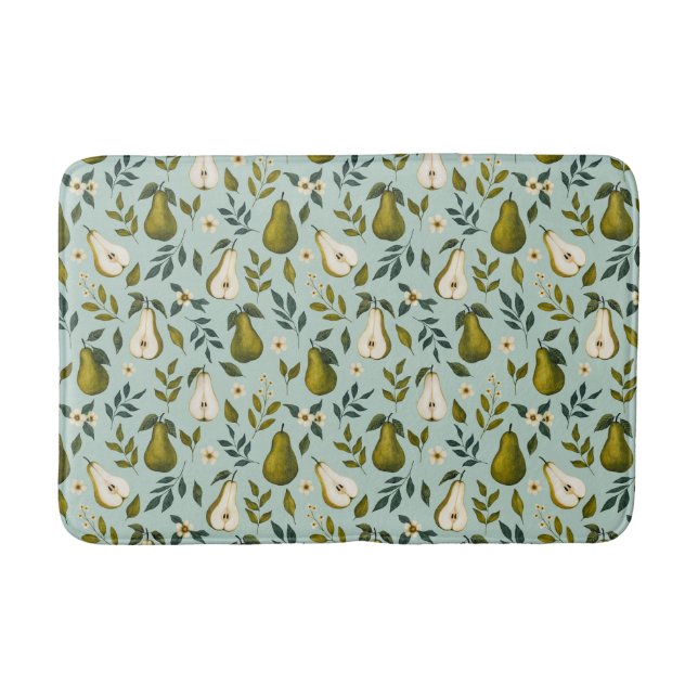 Green Pear Watercolor Pattern on Dusty Blue  Bath Mat (Front)