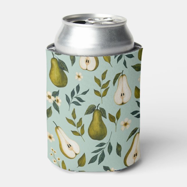 Green Pear Watercolor Pattern on Dusty Blue  Can Cooler (Can Front)