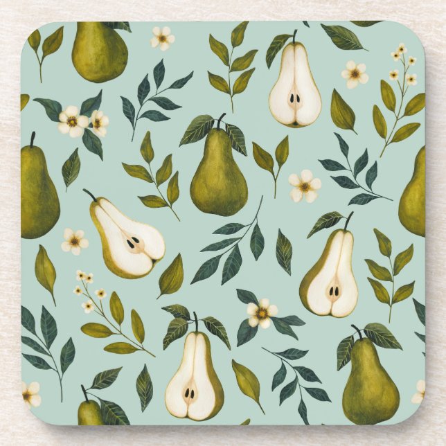 Green Pear Watercolor Pattern on Dusty Blue  Coaster (Front)